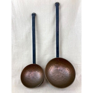 Set of 2 Copper Sauce Pots Ladles with Long Forged Iron Handles